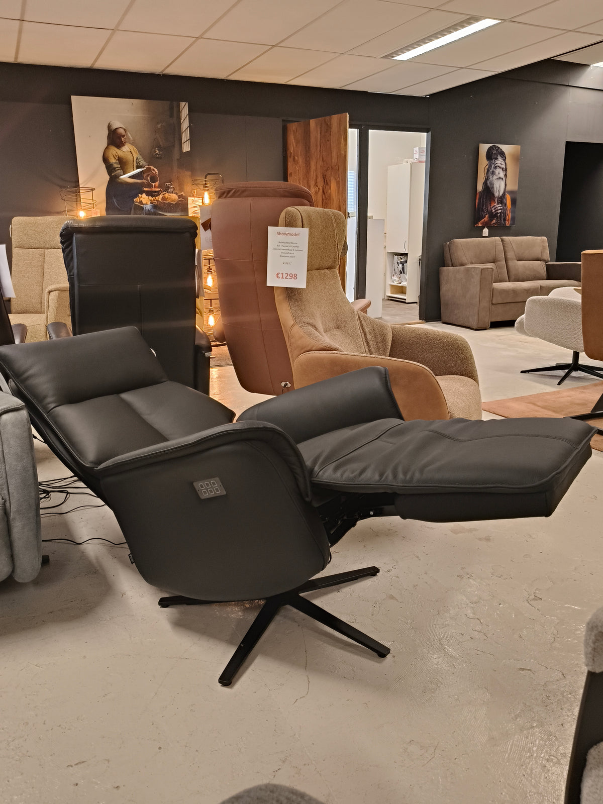 Relaxfauteuil Lusso - Zwart leder - Elektrisch 4 motoren - Incl. Accu