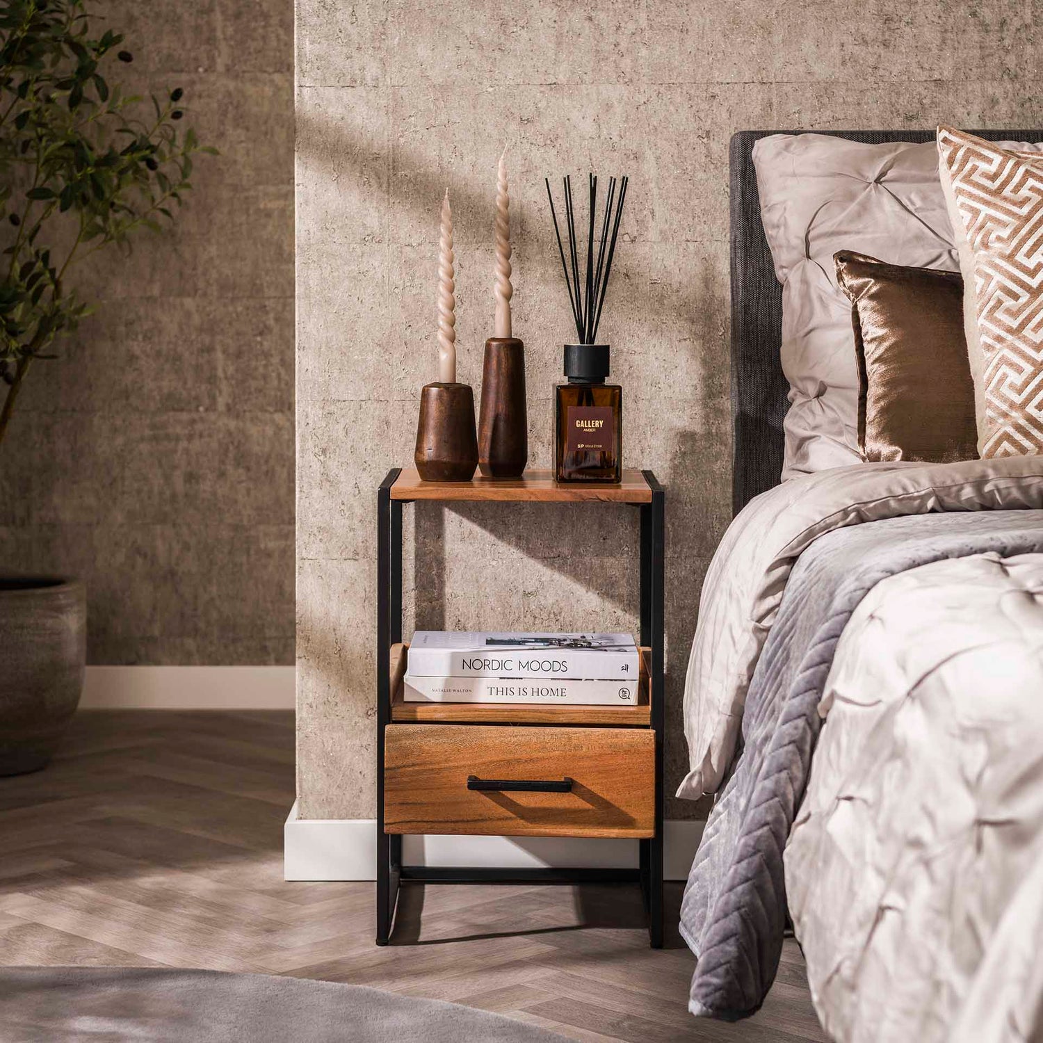 Nachtkastje met 1 lade XS Niche - 35x35x55 cm - Naturel - Acacia