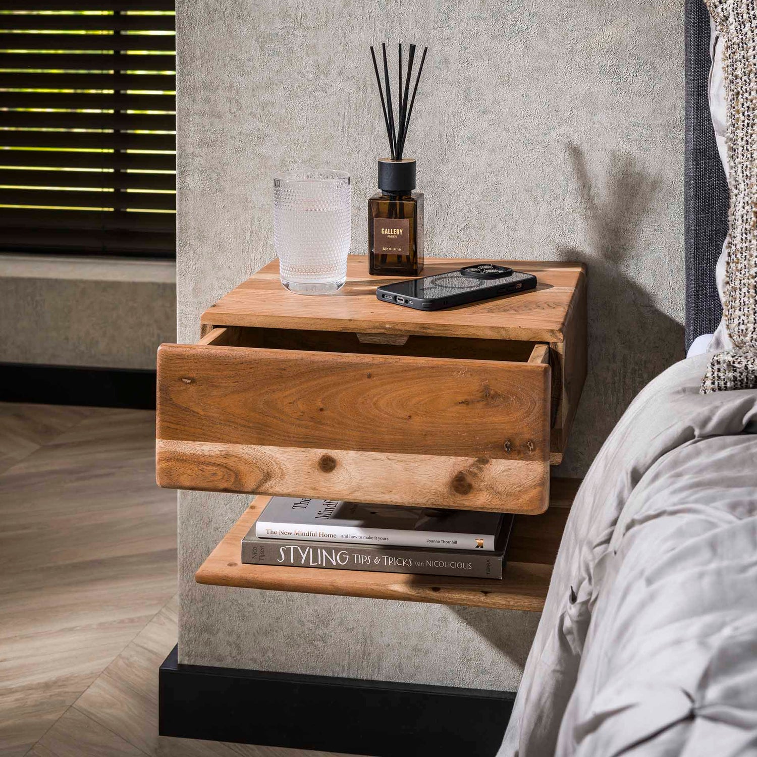 Nachtkastje met 1 lade Shelve - 35x31x27 cm - Naturel - Acacia