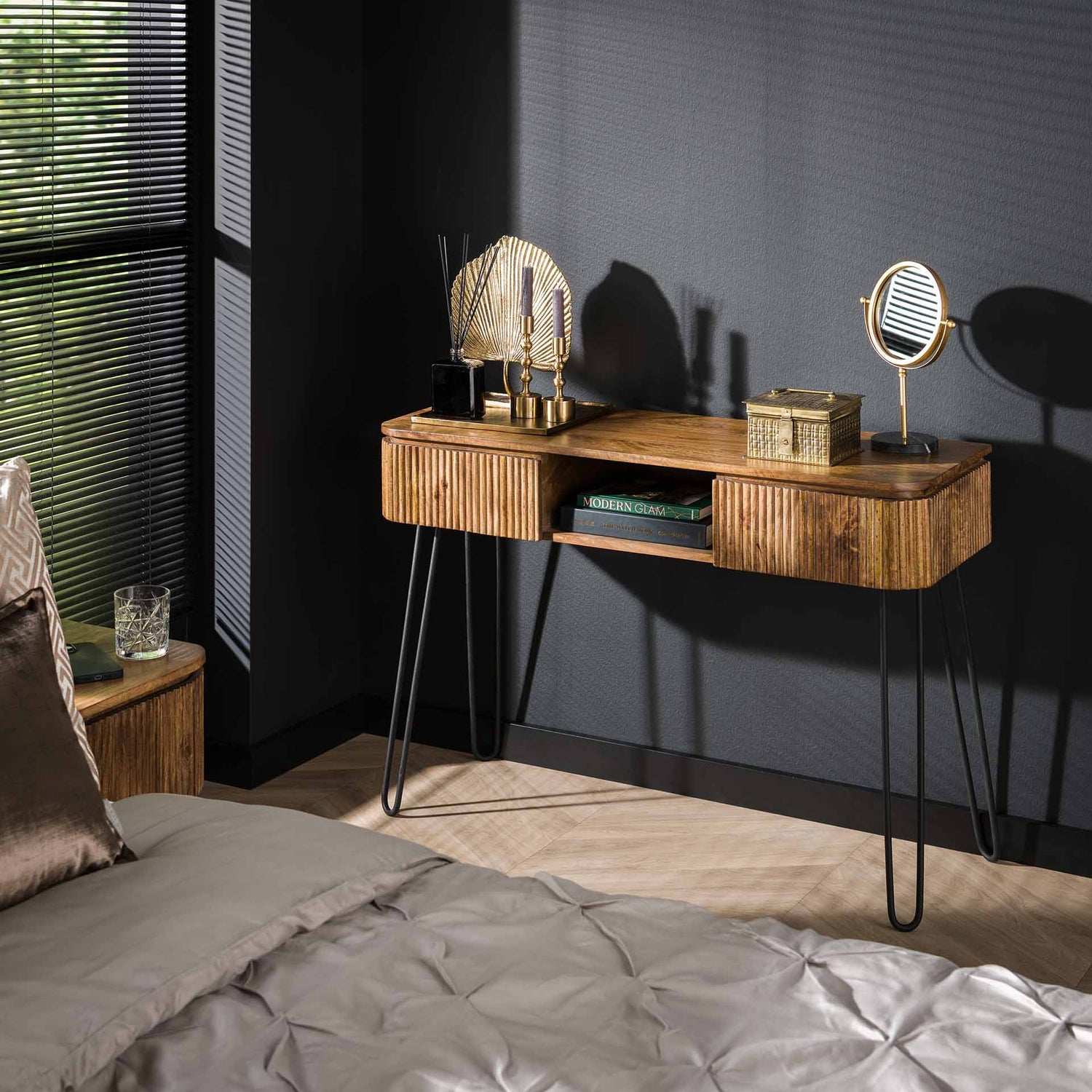 Kaptafel met 2 lampen Wave - 110x40x77 cm - Zandkleur - Mango