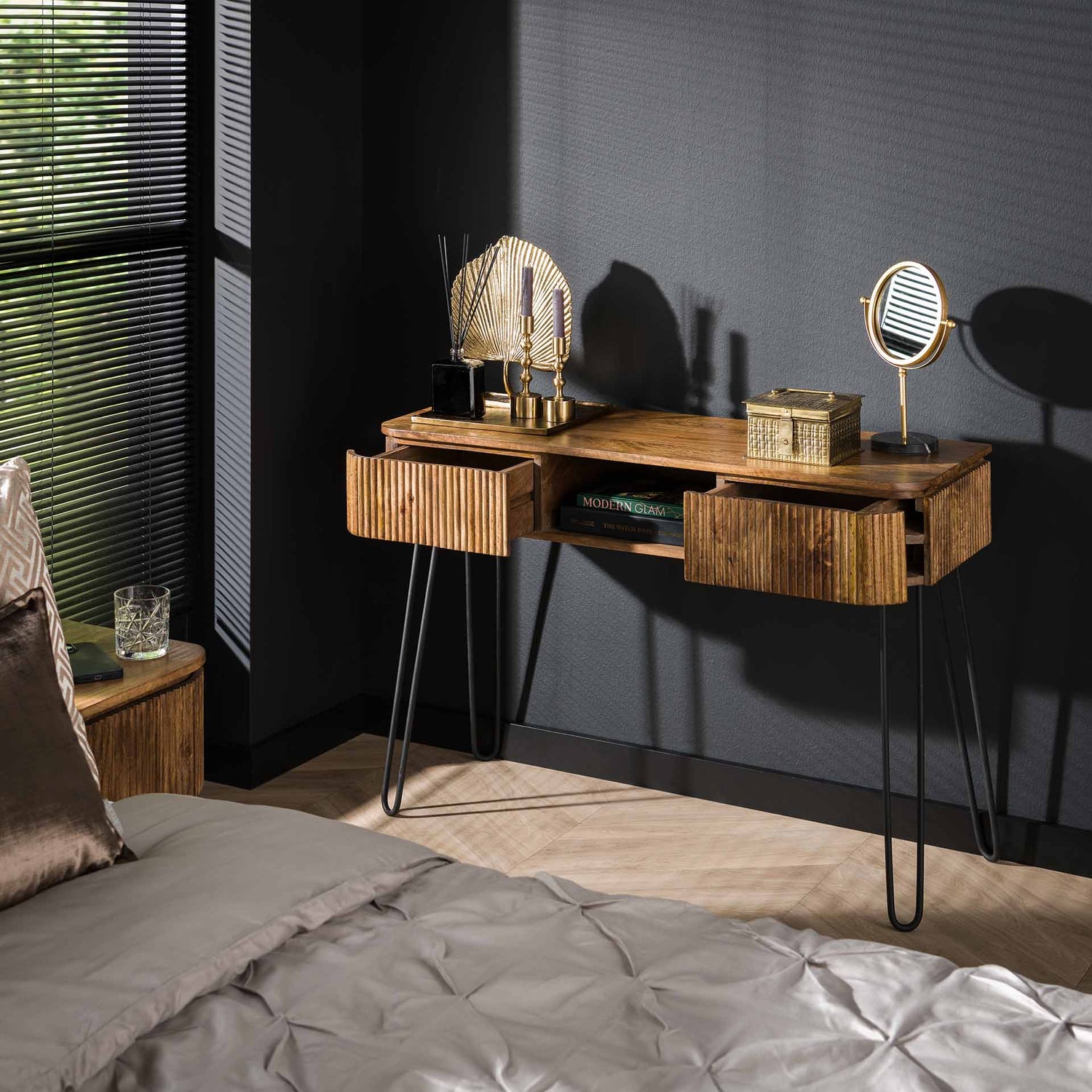 Kaptafel met 2 lampen Wave - 110x40x77 cm - Zandkleur - Mango