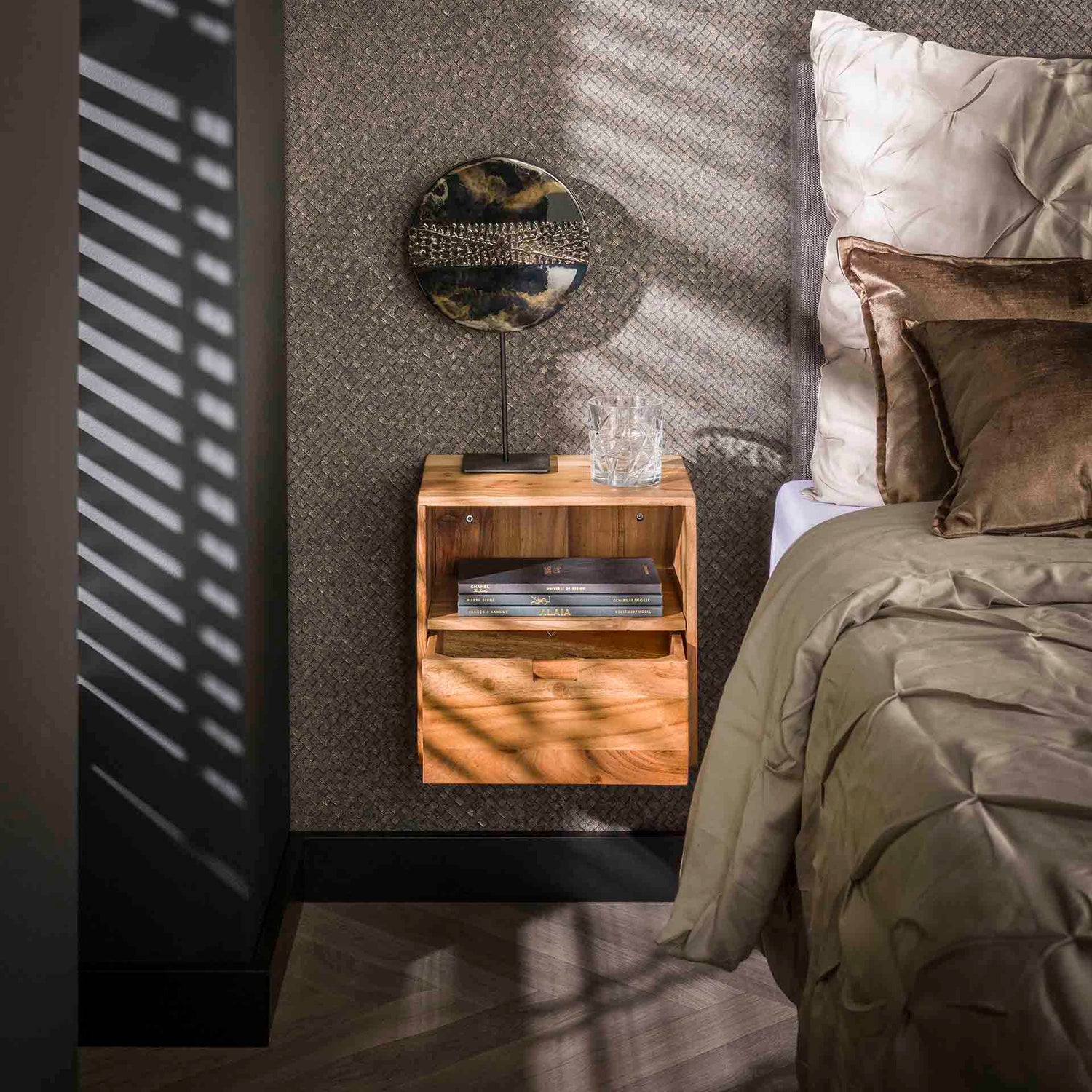 Nachtkastje XS Hangend Flat - Set van 2 - 30x25x30 cm - Naturel - Acacia