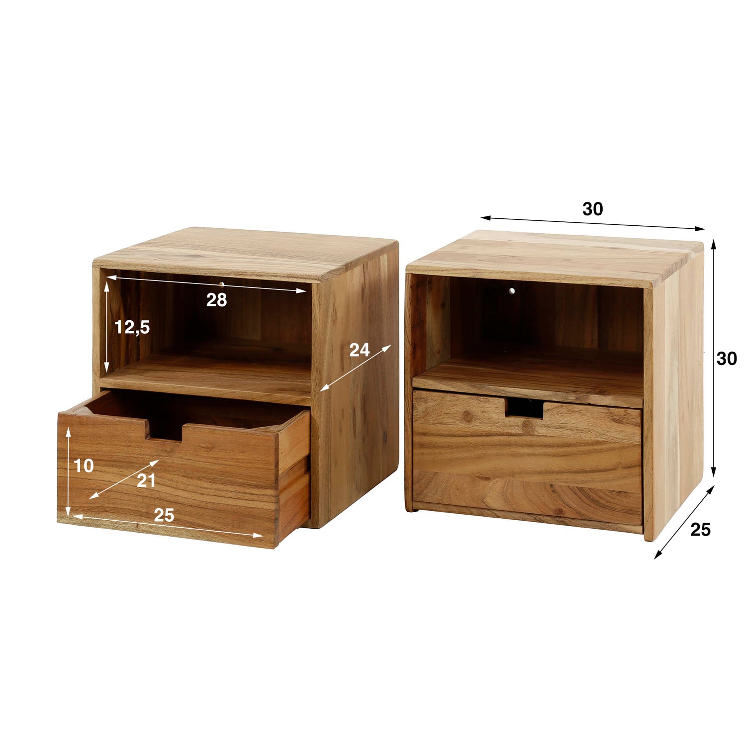 Nachtkastje XS Hangend Flat - Set van 2 - 30x25x30 cm - Naturel - Acacia