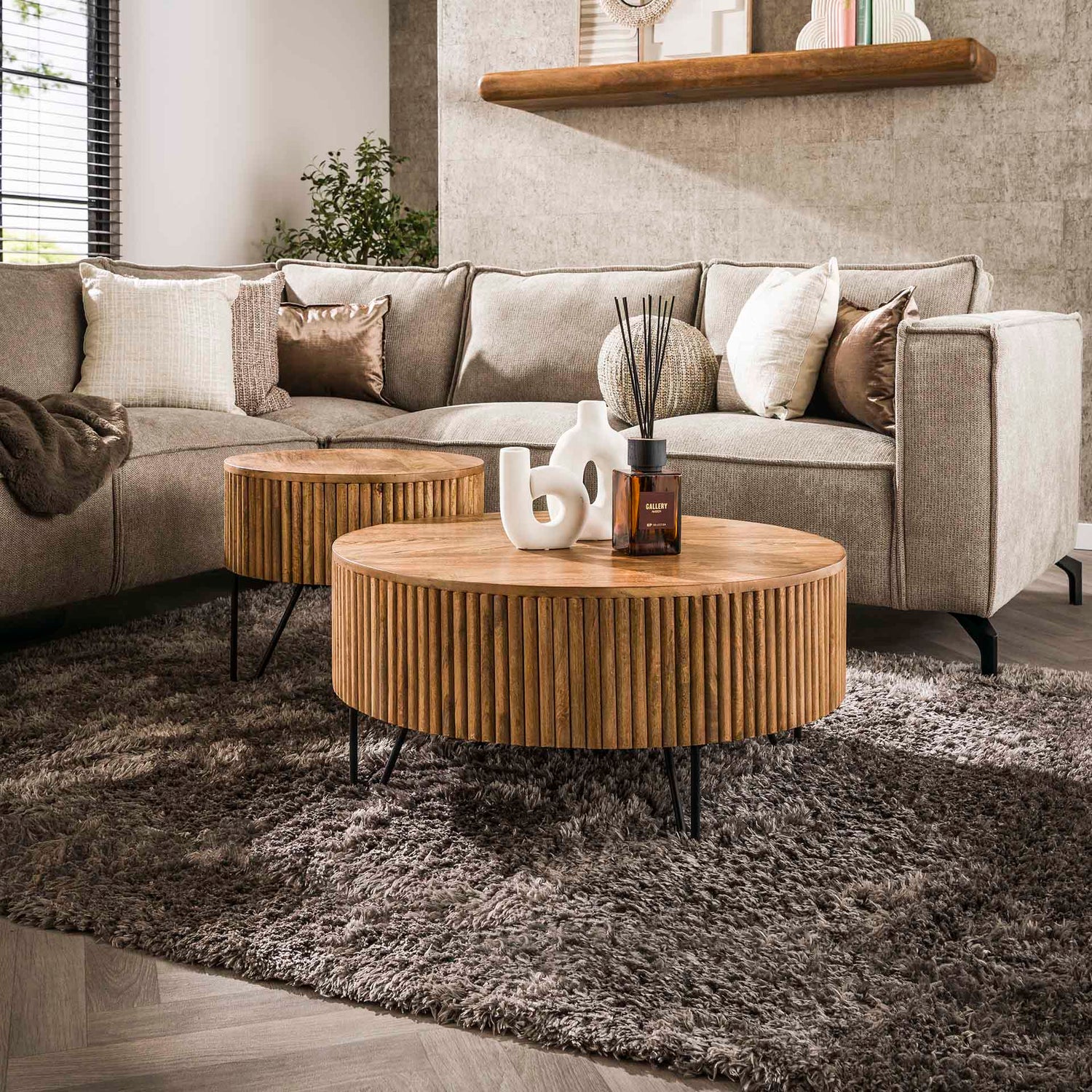 Salontafel Wave Rond - Set van 2 - 80x80x38 cm - Zandkleur - Mango