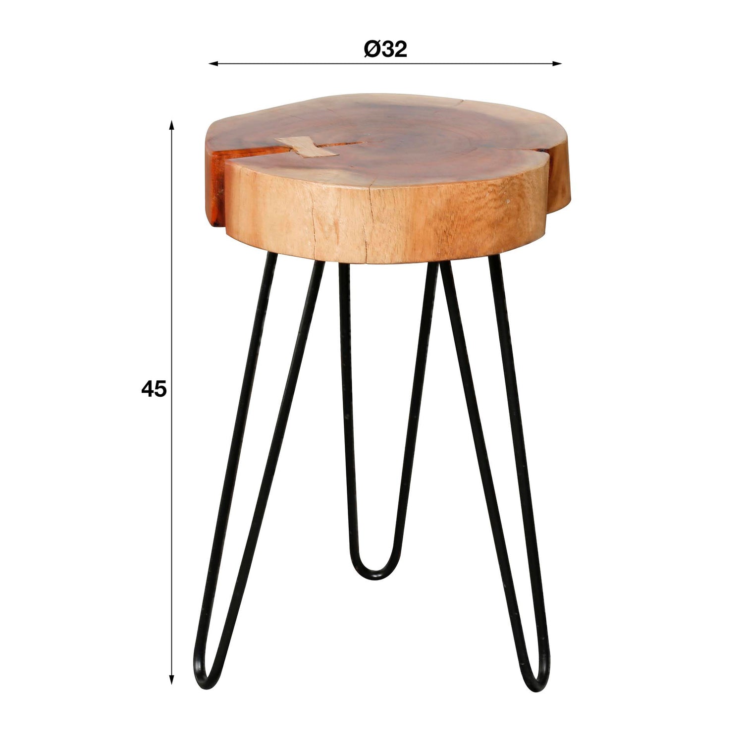 Bijzettafel stam met stalen frame - 32x32x45 cm - Acacia Naturaal