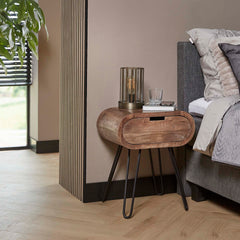 Nachtkastje Barrel 1L - 50x35x60 cm - Zandkleur - Mango
