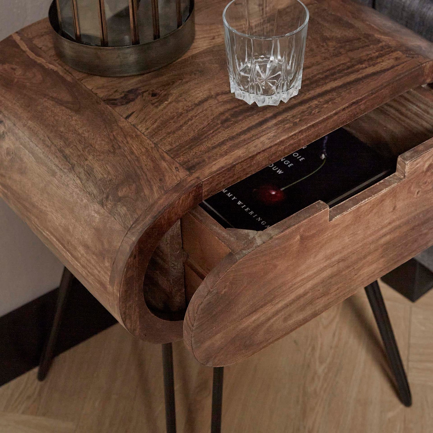 Nachtkastje Barrel 1L - 50x35x60 cm - Zandkleur - Mango