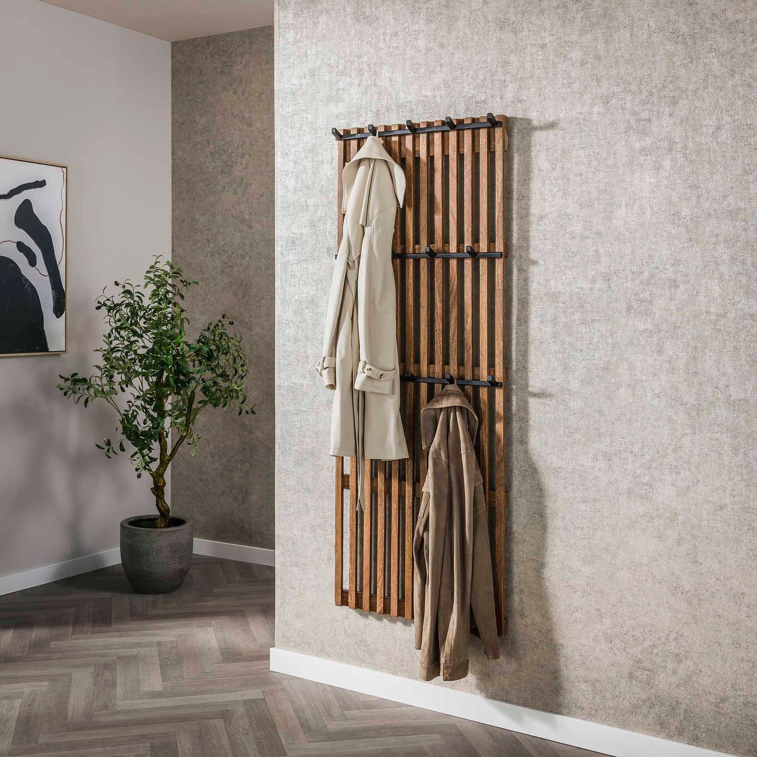 Kapstokrek met 14 haken tweak - 60x10x160 cm - Zandkleur - Mango