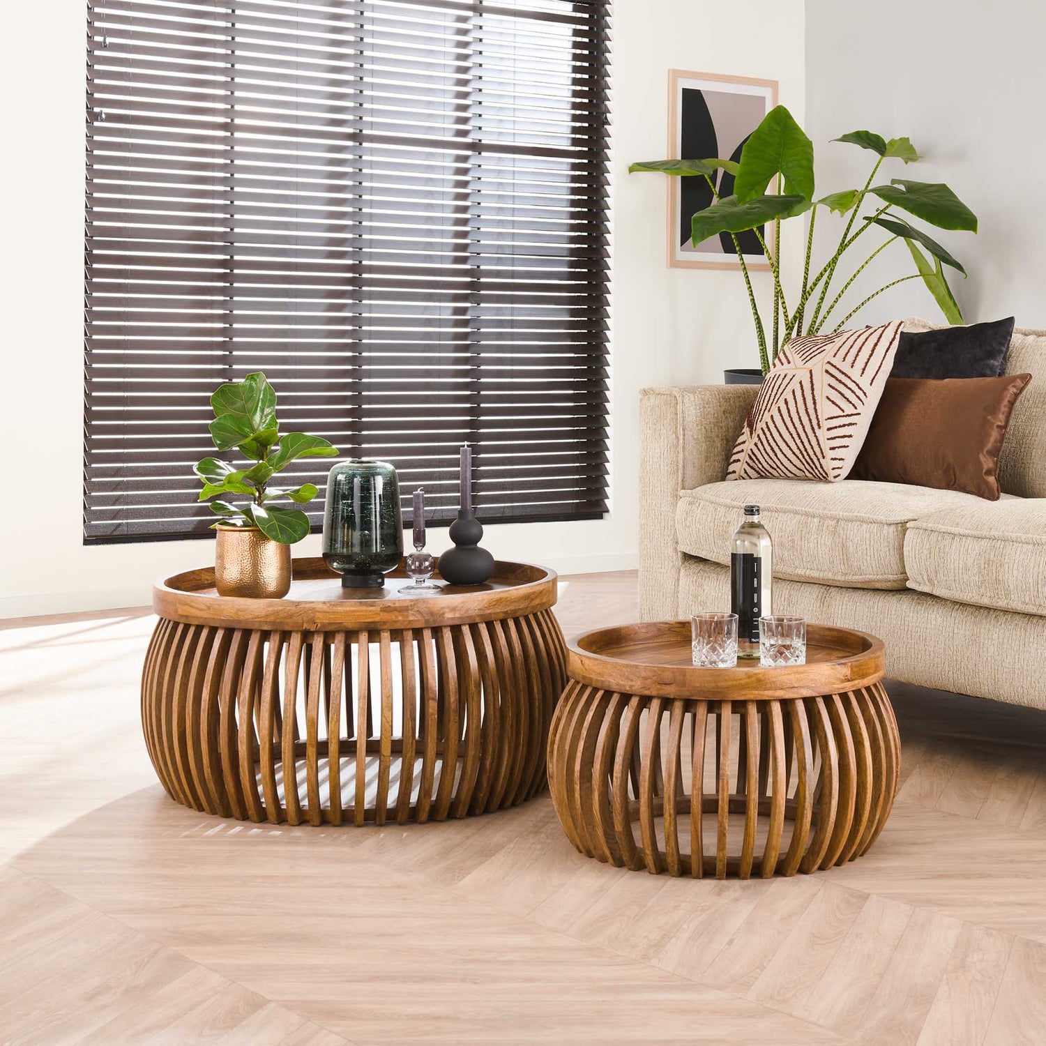 Salontafel Tweak Curve - Set van 2 - 78x78x40 cm - Zandkleur - Mango