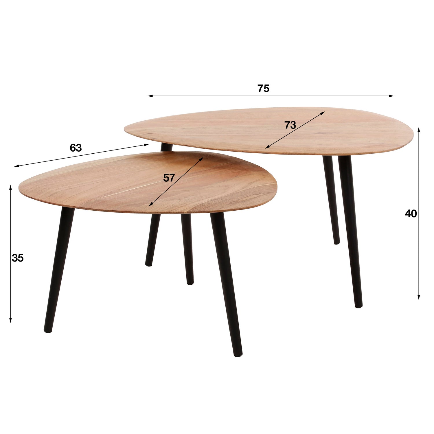 Salontafel Driehoek Organisch - Set van 2 - 75x73x40 cm - Naturel - Acacia