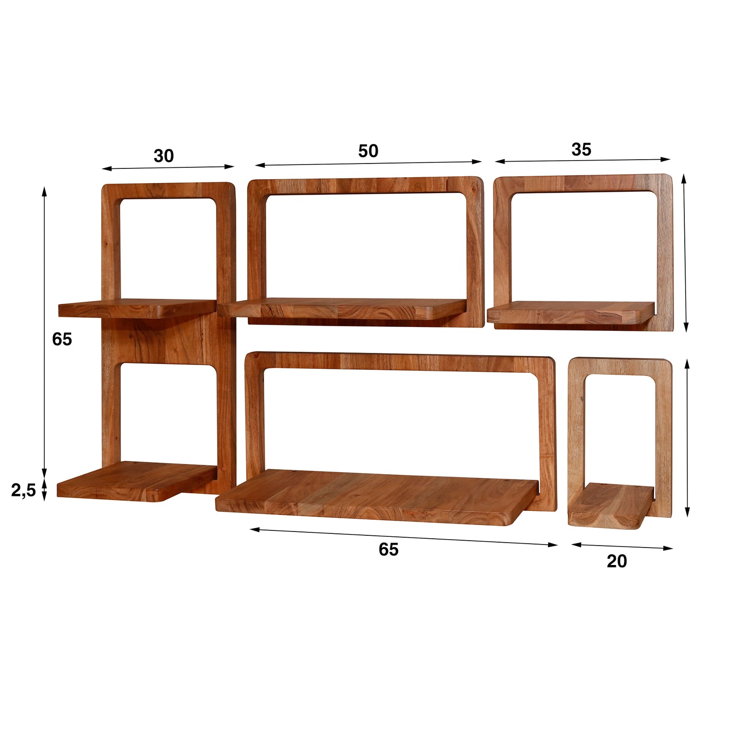 Wandschap Curvy - Set van 5 - 30x23x65 cm - Naturel - Acacia