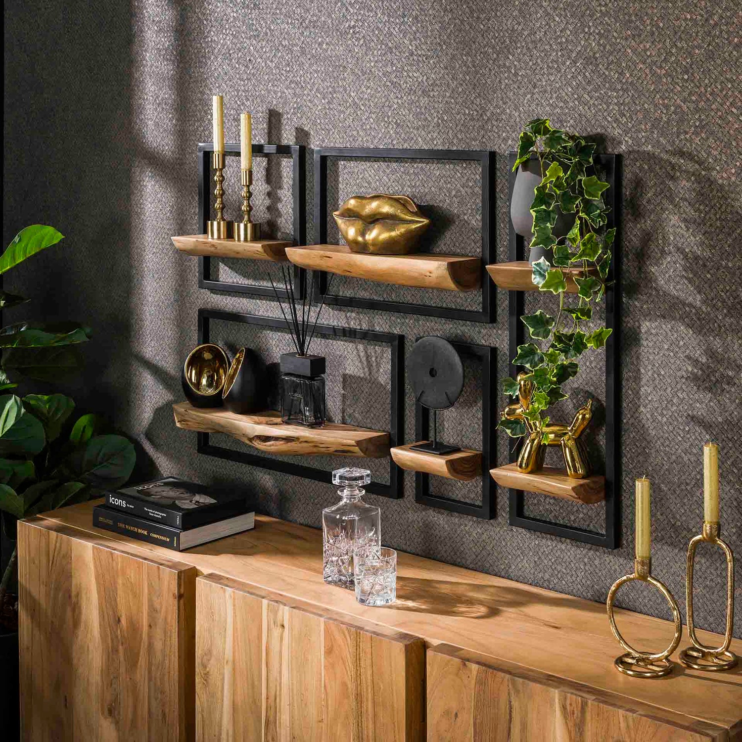 Wandschap Edge - Set van 5 - 25x15x75 cm - Naturaal - Acacia