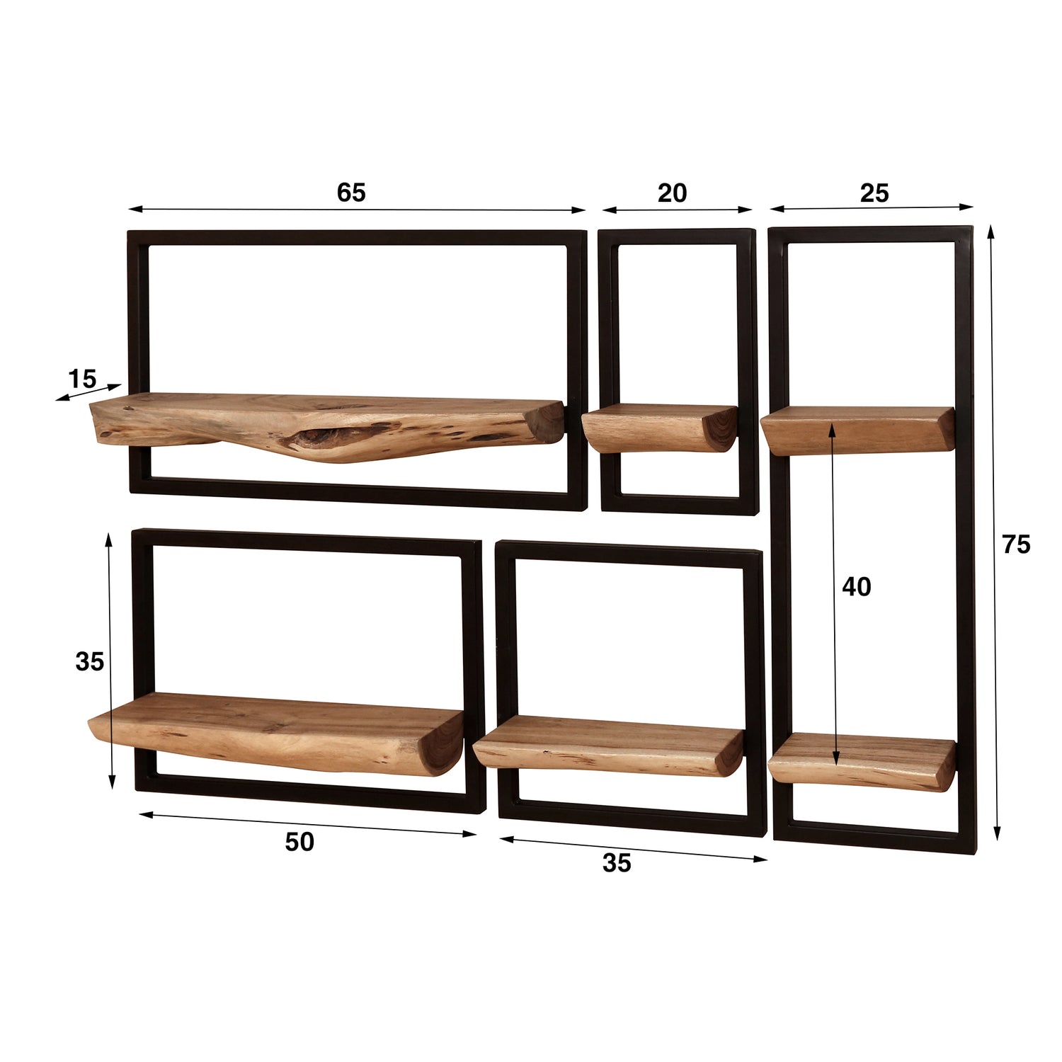 Wandschap Edge - Set van 5 - 25x15x75 cm - Naturaal - Acacia
