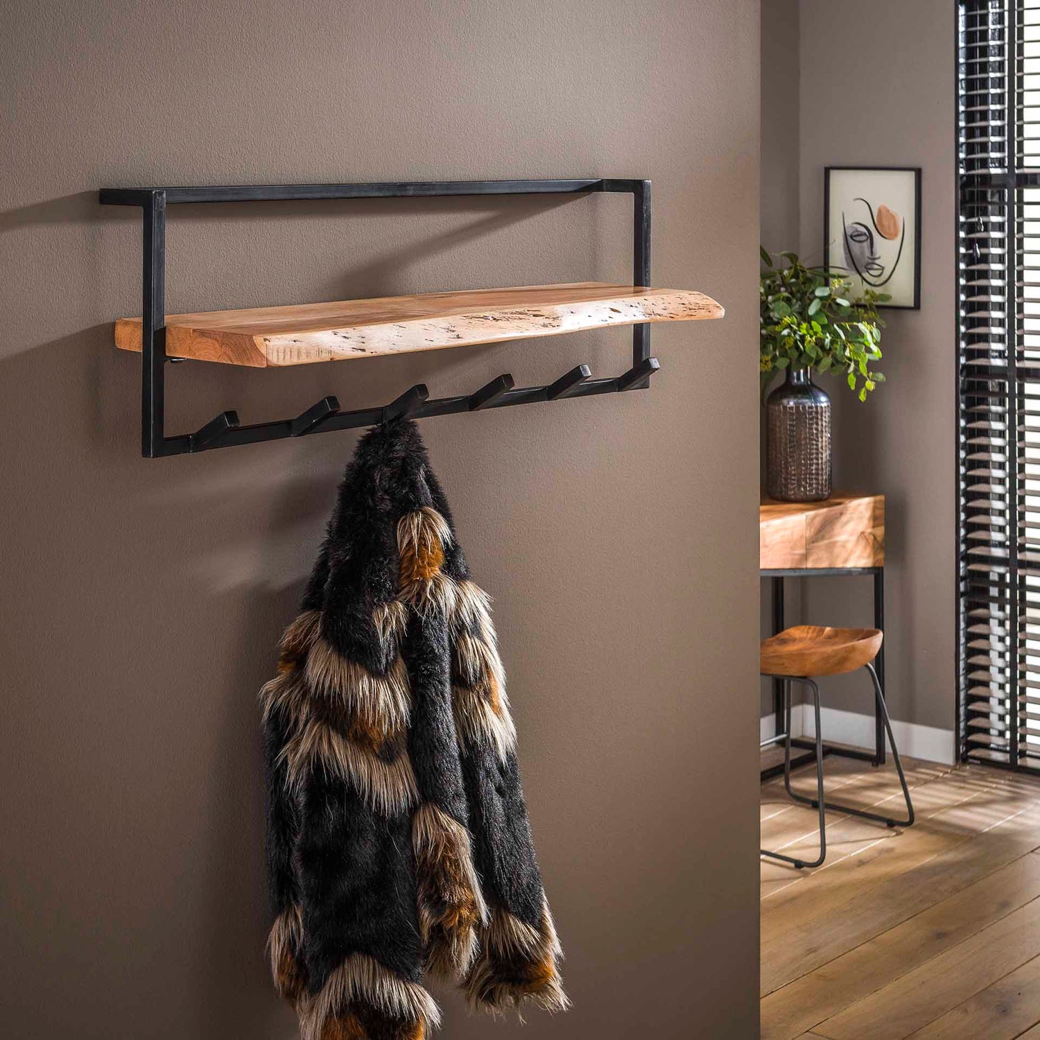 Kapstok Edge Shelve met 6 Haken - 100x25x32 cm - Naturel - Acacia