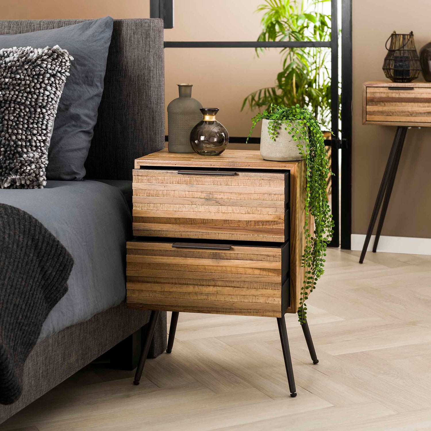 Nachtkastje met 2 laden Teca Strip - 45x30x60 cm - Verweerd - Teakhout