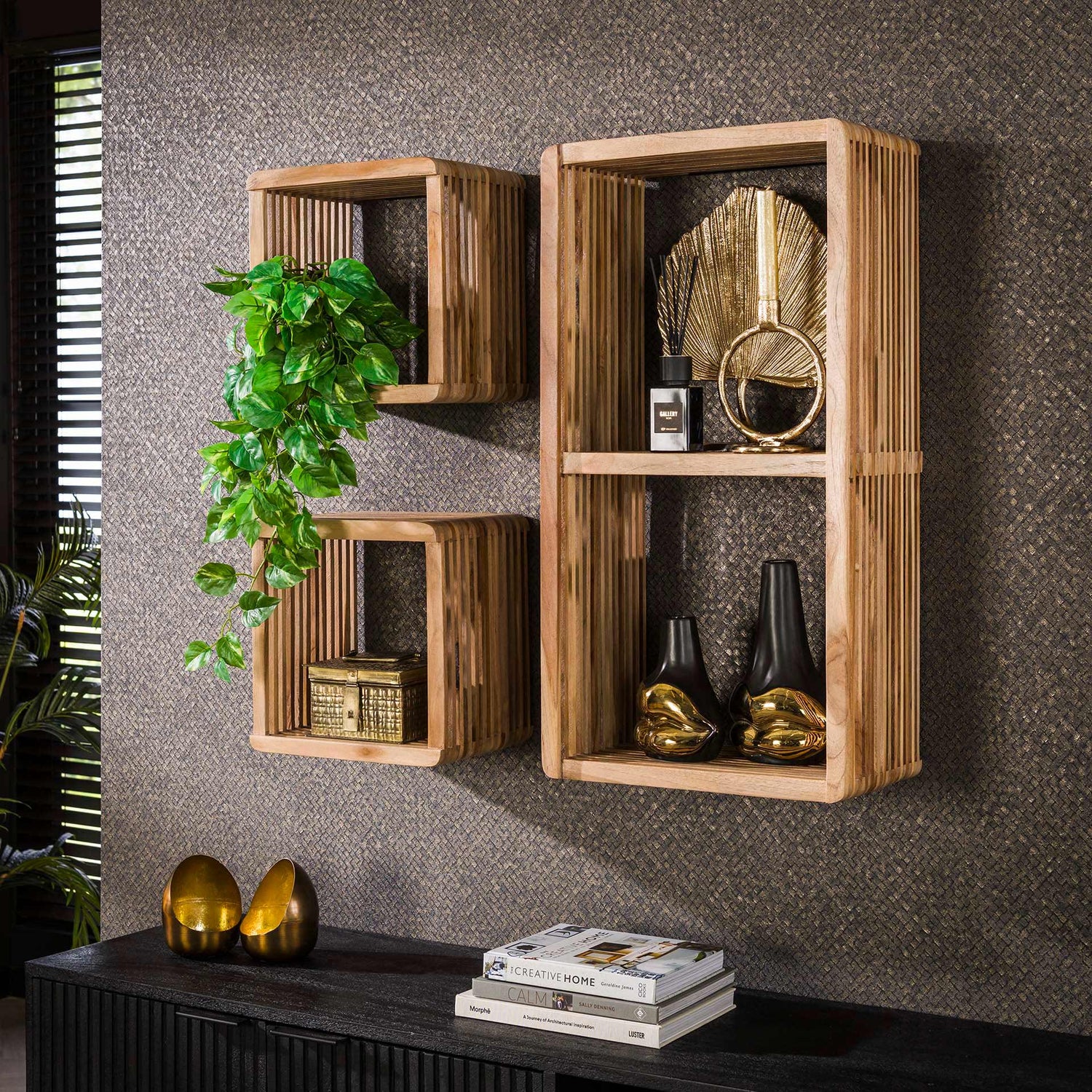 Wandschap Rib - Set van 3 - 42x23x80 cm - Verweerd - Teakhout