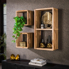 Wandschap Rib - Set van 3 - 42x23x80 cm - Verweerd - Teakhout