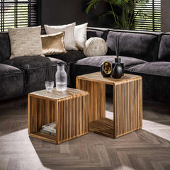 Salontafel Rib - Set van 2 - 50x40x50 cm - Verweerd - Teakhout