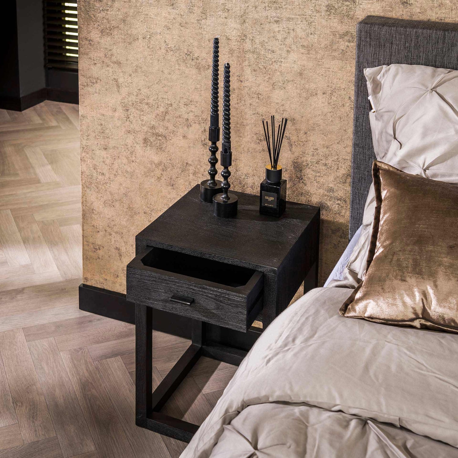Nachtkastje 1L Black Square - 35x35x50 cm - Zwart - Acacia