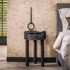 Nachtkastje met 1 lade Round Full Wood - 35x35x55 cm - Zwart - Acacia