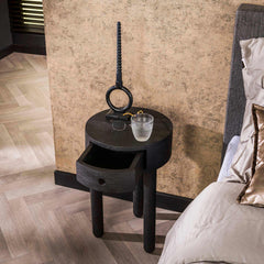 Nachtkastje met 1 lade Round Full Wood - 35x35x55 cm - Zwart - Acacia