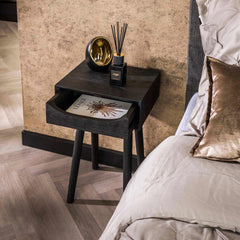 Nachtkastje 1L Sleek Wood Inlay - 35x30x55 cm - Zwart - Acacia