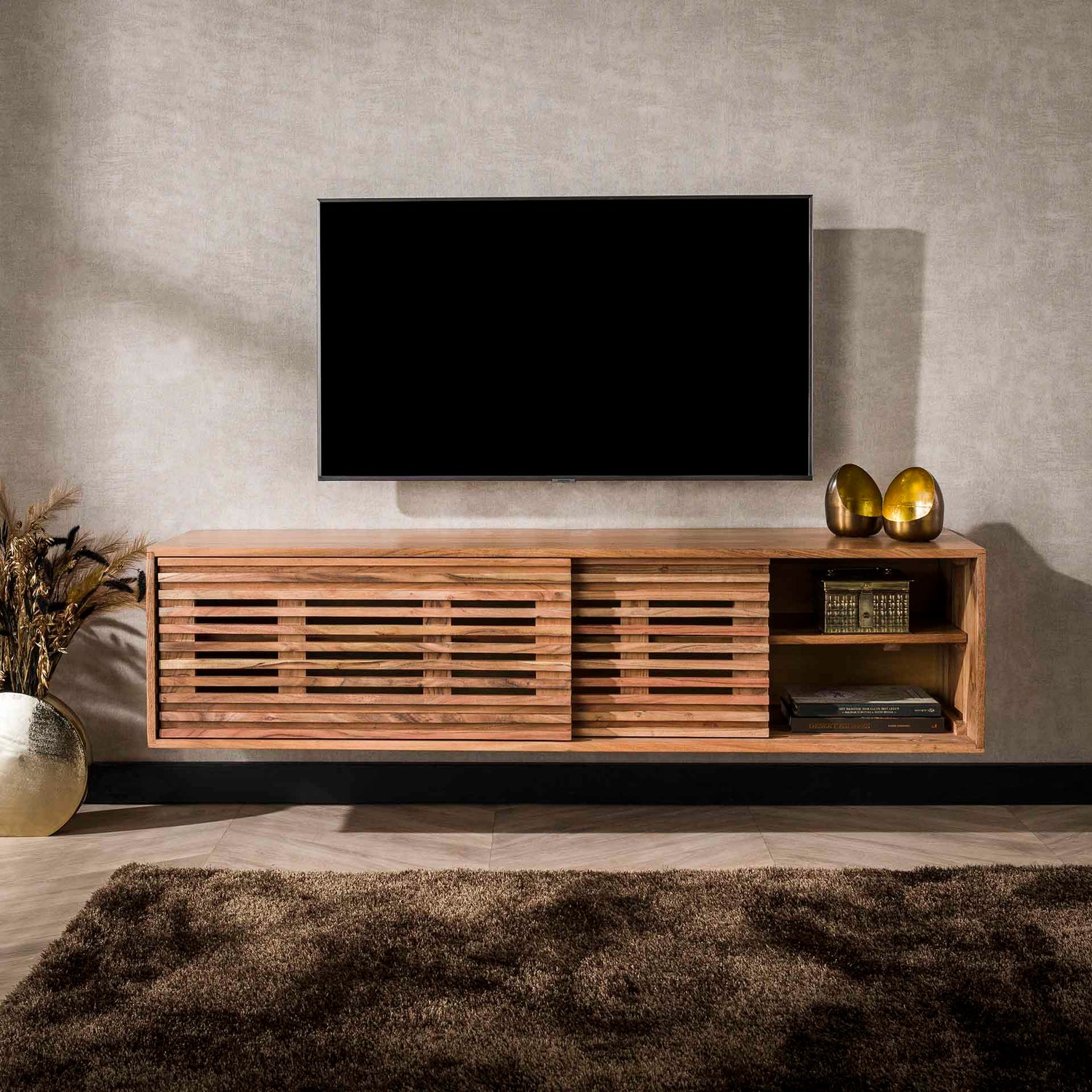 TV-meubel Zwevend 2 Deuren Slide - 150x40x37 cm - Naturel - Acacia