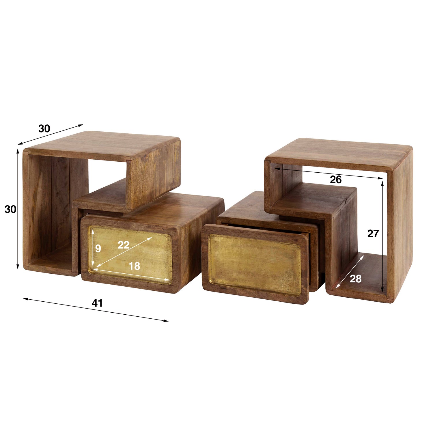 Nachtkastje Brass - Set van 2 - 41x30x30 cm - Zandkleur - Mango