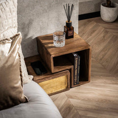 Nachtkastje Brass - Set van 2 - 41x30x30 cm - Zandkleur - Mango