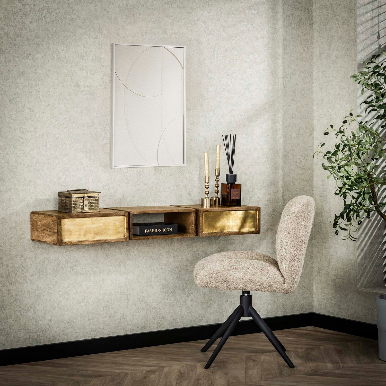 Kaptafel met 2 lampen Brass - 123x30x15 cm - Zandkleur - Mango