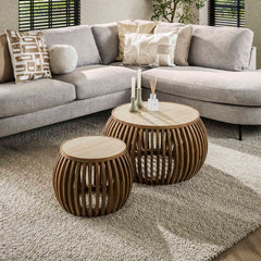 Salontafel Nuovo Curve Travertin - Set van 2 - 75x75x40 cm - Zandkleur - Mango