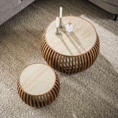 Salontafel Nuovo Curve Travertin - Set van 2 - 75x75x40 cm - Zandkleur - Mango
