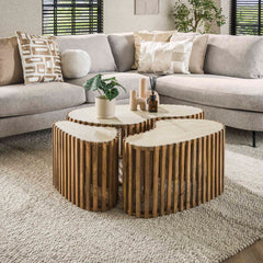 Salontafel Nuovo Niervormig Travertin - Set van 3 - 90x52x40 cm - Zandkleur - Mango