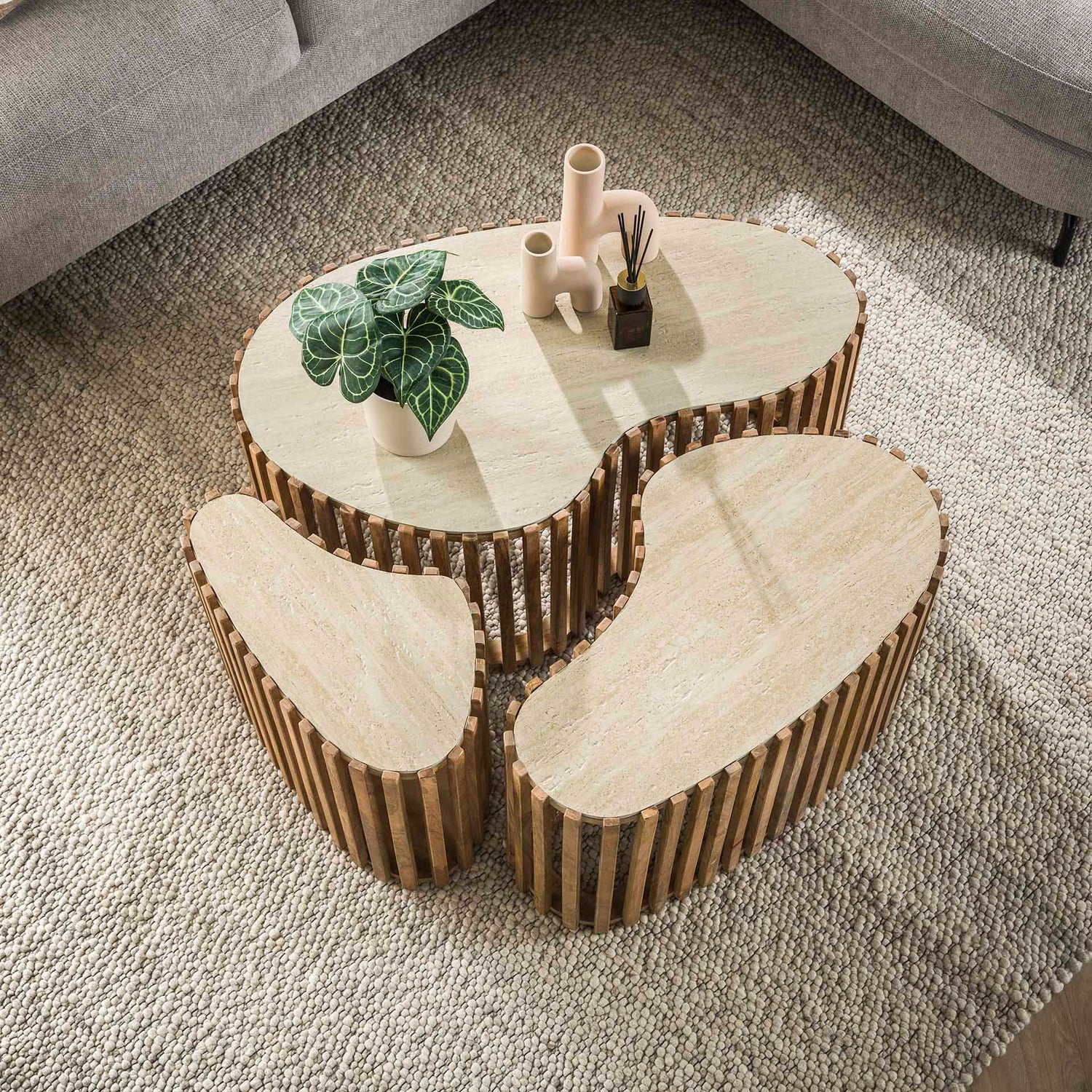 Salontafel Nuovo Niervormig Travertin - Set van 3 - 90x52x40 cm - Zandkleur - Mango