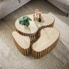Salontafel Nuovo Niervormig Travertin - Set van 3 - 90x52x40 cm - Zandkleur - Mango