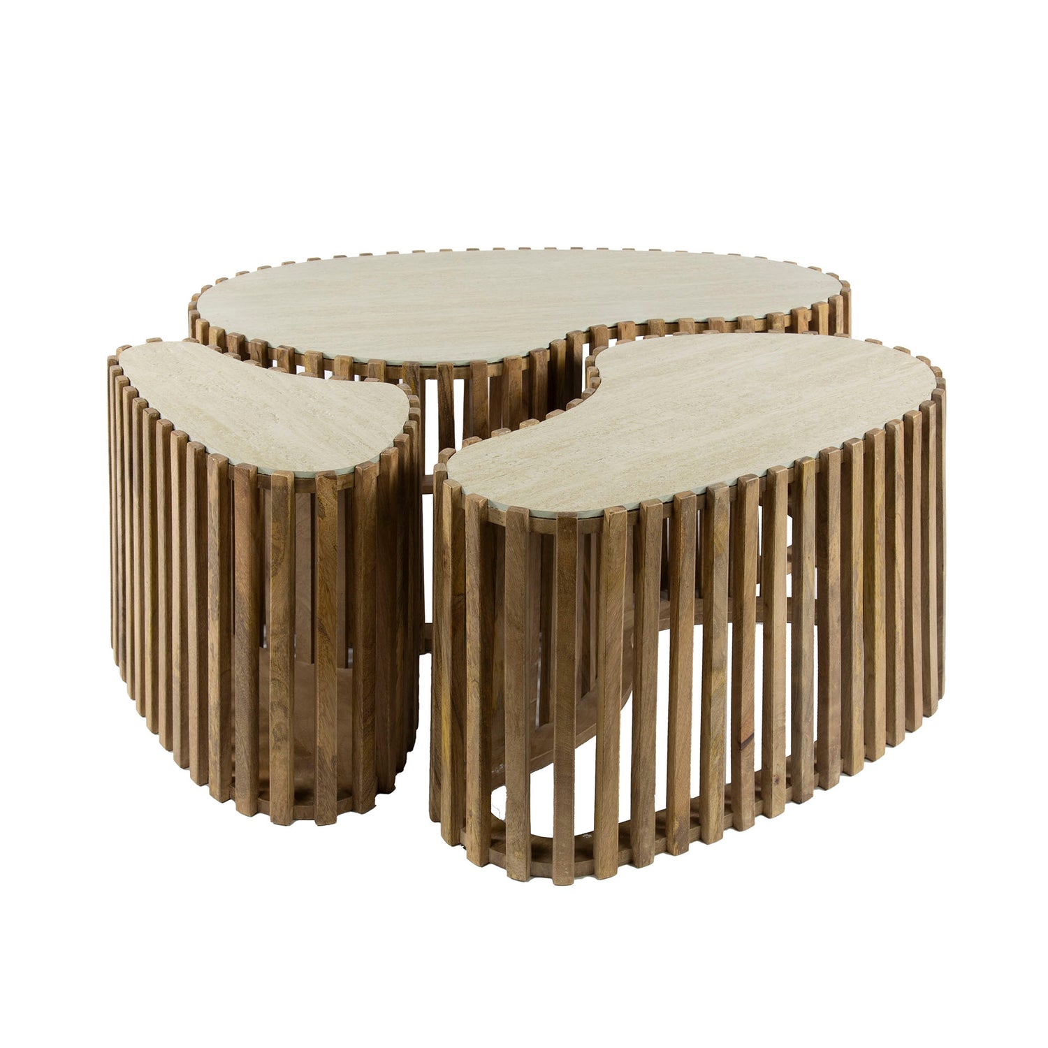 Salontafel Nuovo Niervormig Travertin - Set van 3 - 90x52x40 cm - Zandkleur - Mango