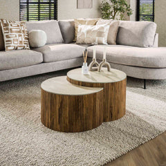 Salontafel Nuovo halfrond travertin - Set van 2 - 60x60x40 cm - Zandkleur - Mango