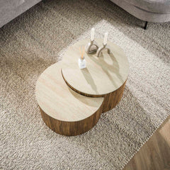 Salontafel Nuovo halfrond travertin - Set van 2 - 60x60x40 cm - Zandkleur - Mango