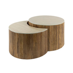 Salontafel Nuovo halfrond travertin - Set van 2 - 60x60x40 cm - Zandkleur - Mango