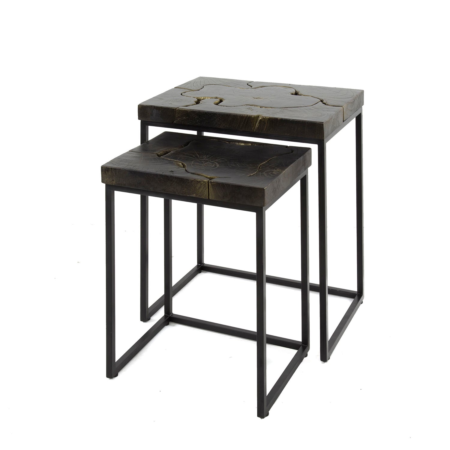 Bijzettafel Rechthoekig - Set van 2 - 47x34x56 cm - Black Gold - Teakhout