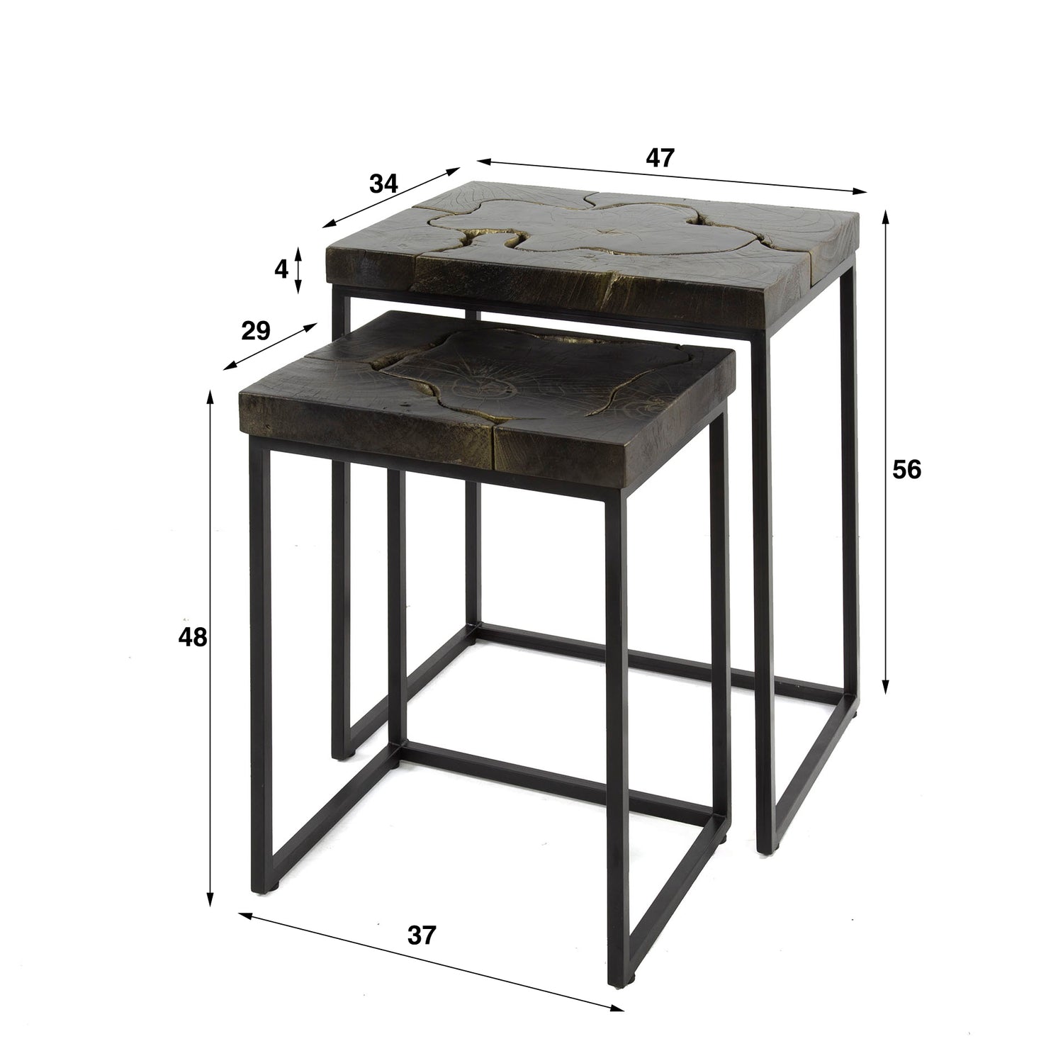 Bijzettafel Rechthoekig - Set van 2 - 47x34x56 cm - Black Gold - Teakhout