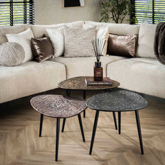 Salontafel Driehoekige Patina Metal - Set van 3 - 60x48x43 cm - Koper, Brons & Zilver - Antiek