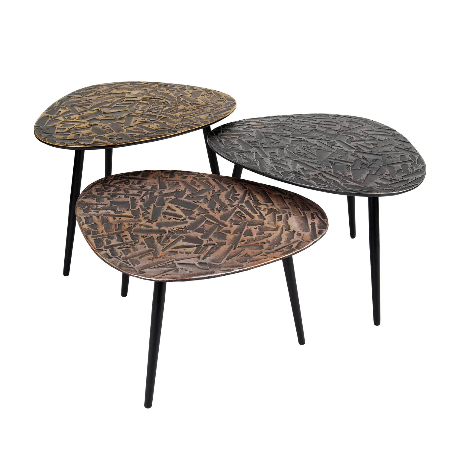 Salontafel Driehoekige Patina Metal - Set van 3 - 60x48x43 cm - Koper, Brons & Zilver - Antiek