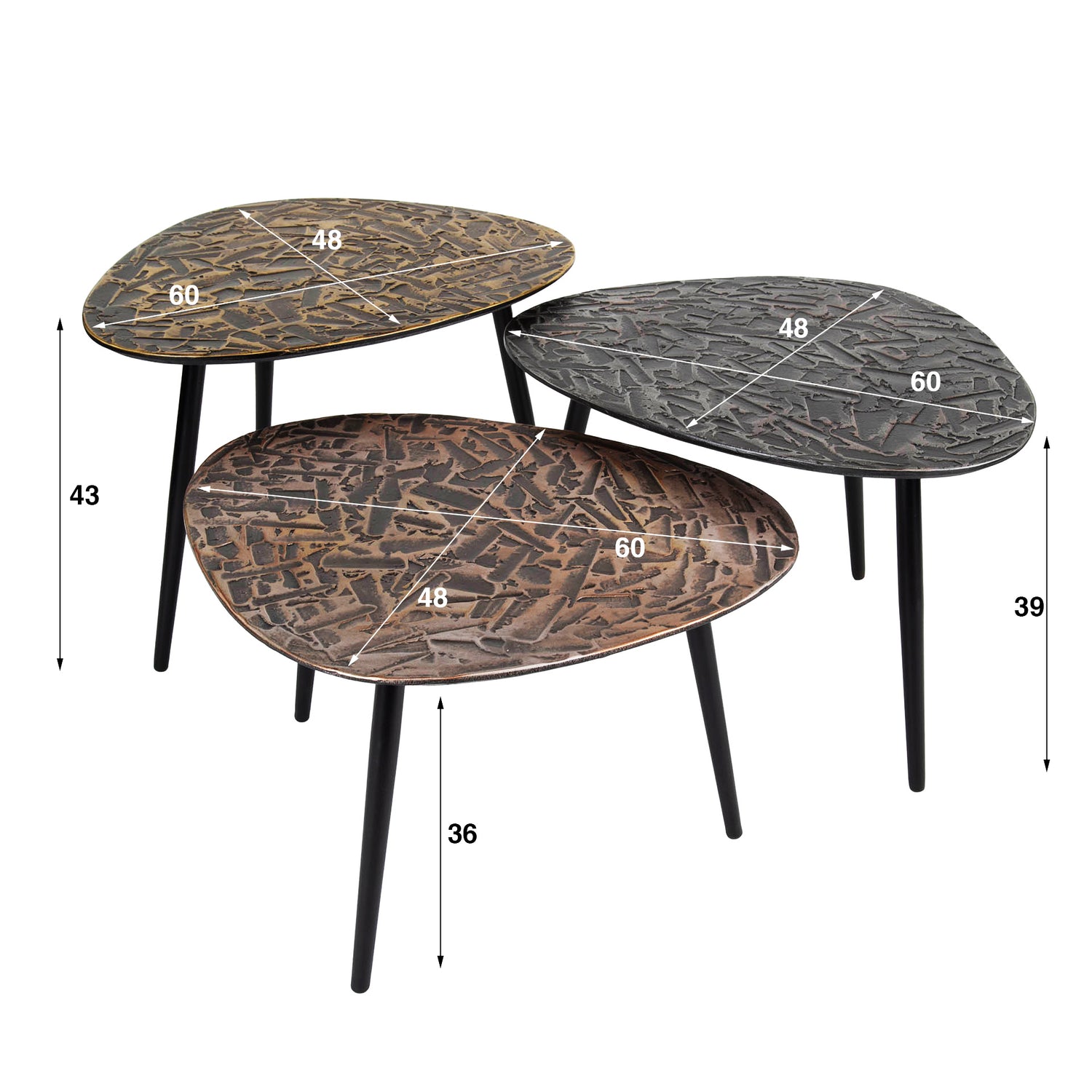 Salontafel Driehoekige Patina Metal - Set van 3 - 60x48x43 cm - Koper, Brons & Zilver - Antiek