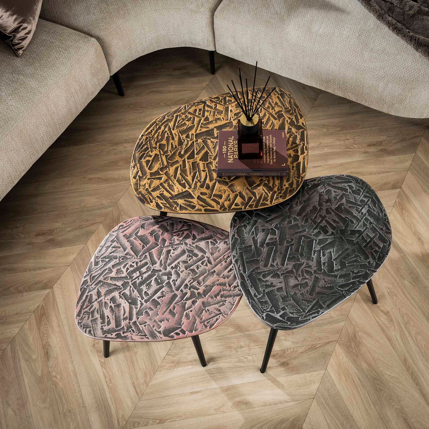 Salontafel Vierhoekig Patina Metal - Set van 3 - 60x50x42 cm - Koper Brons Zilver Antiek