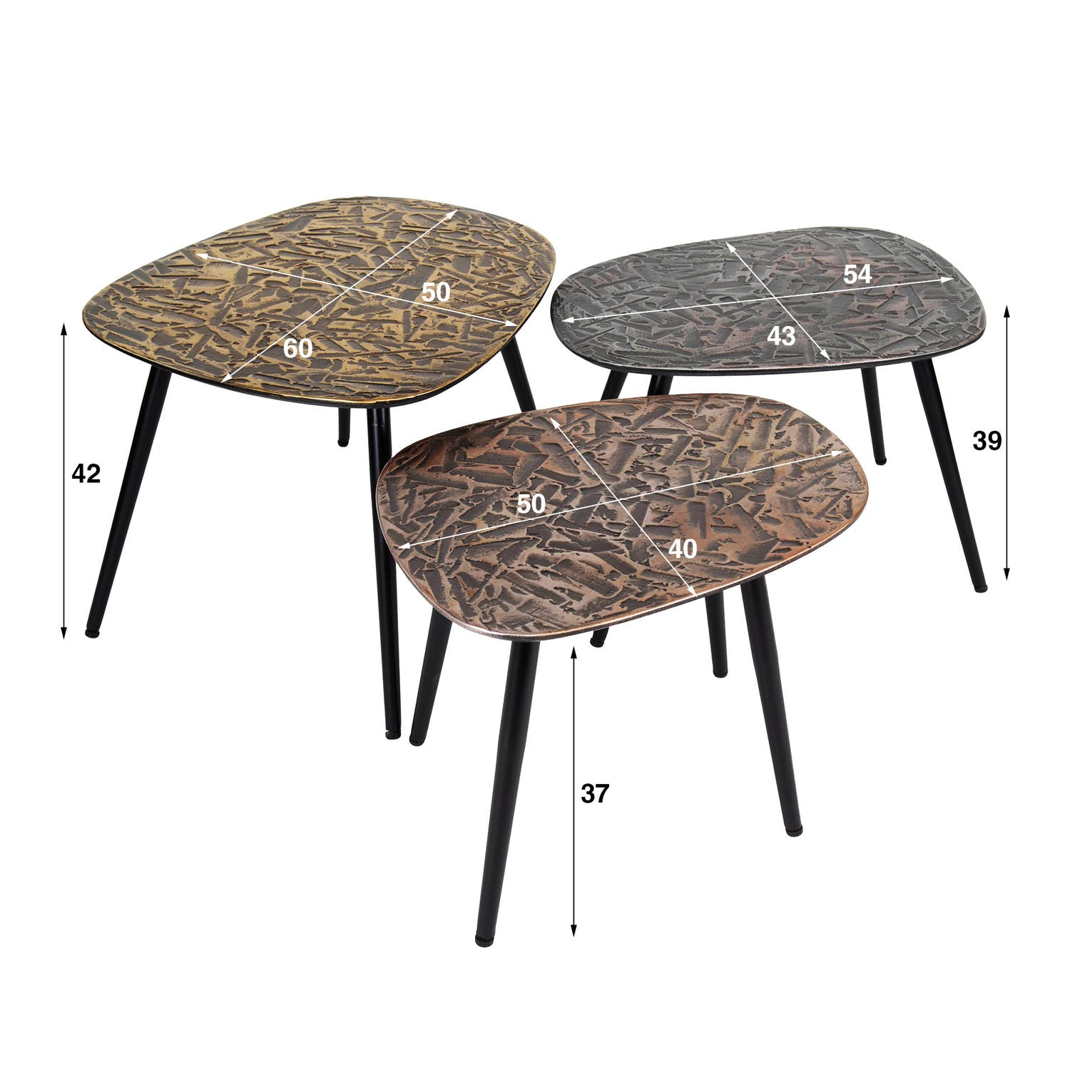 Salontafel Vierhoekig Patina Metal - Set van 3 - 60x50x42 cm - Koper Brons Zilver Antiek