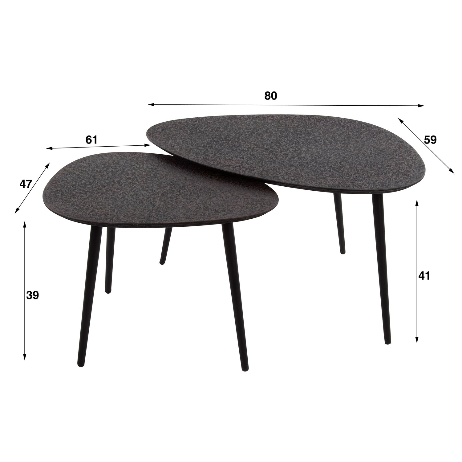 Salontafel Driehoekig Metallic - Set van 2 - 80x59x41 cm - Grijs