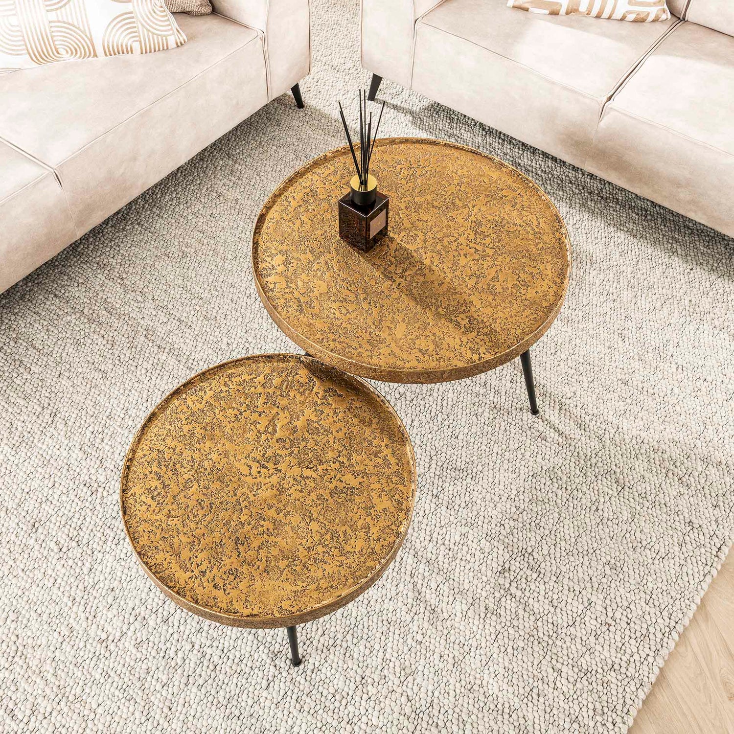 Salontafel opstaande randen rond metallic - Set van 2 - 74x74x50 cm - Brons Antiek