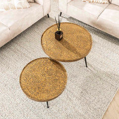 Salontafel opstaande randen rond metallic - Set van 2 - 74x74x50 cm - Brons Antiek