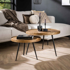 Salontafel opstaande randen rond metallic - Set van 2 - 74x74x50 cm - Brons Antiek